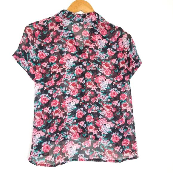 Anthropologie | Sheer Floral Short Sleeve Top Roses Red Green Black XS - Picture 2 of 7